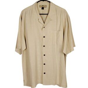 Tommy Bahama Men 100 Silk L Beige/Off White Button Short Sleeve Relaxed Squares